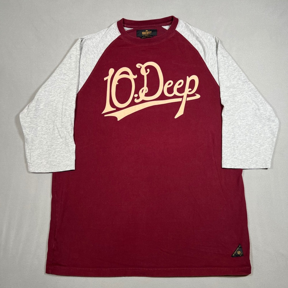 10.Deep Mens XL Baseball Raglan Tee Burgundy Gray 3/4 Sleeve Streetwear Graphic